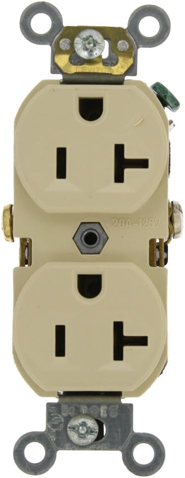 Leviton BR20-I 20-Amp, 125-Volt, Narrow Body Duplex Receptacle, Straight Blade, Commercial Grade, Self Grounding, Ivory