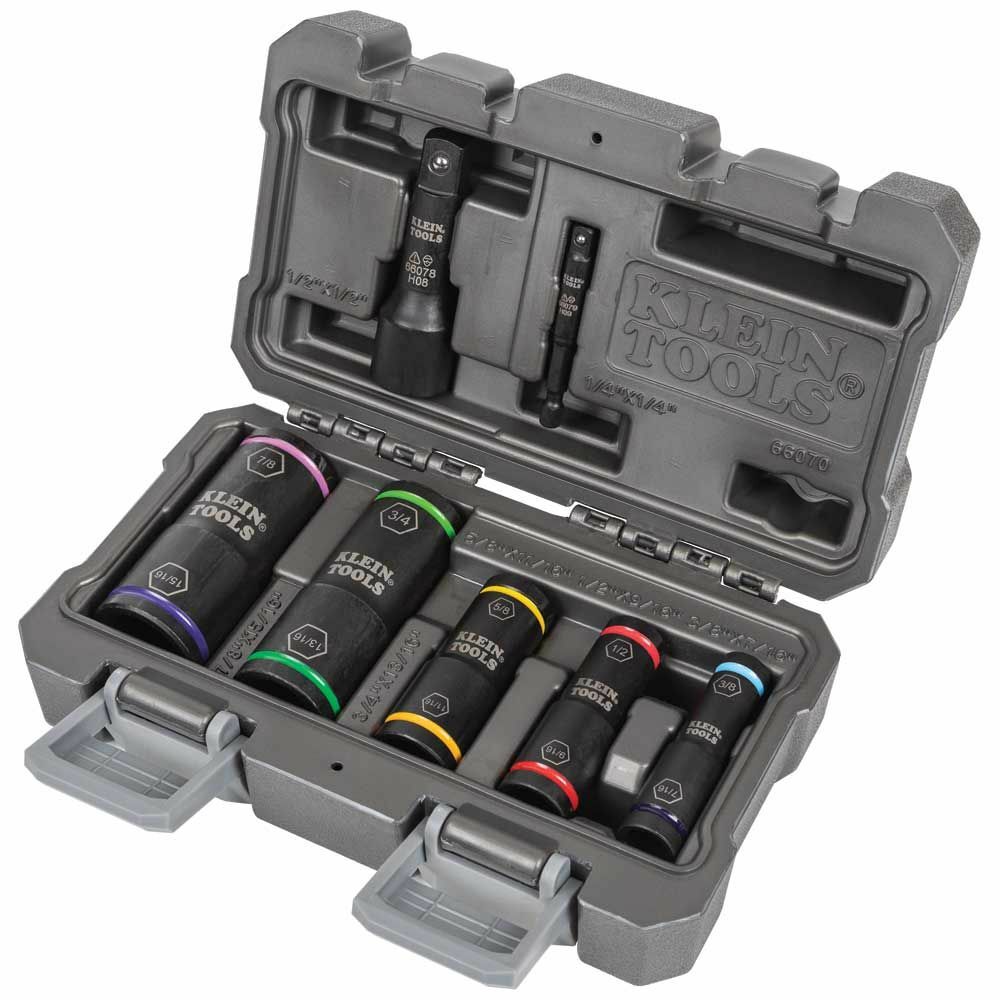 Klein Tools 66070 Flip Impact Socket Set, 7-Piece, (5) Sockets, (2) Adapters & Carrying Case