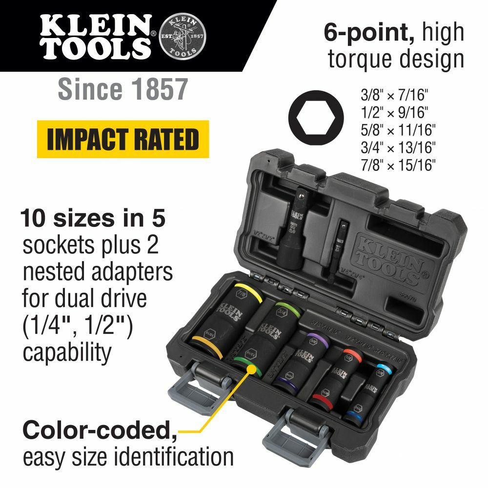 Klein Tools 66070 Flip Impact Socket Set, 7-Piece, (5) Sockets, (2) Adapters & Carrying Case