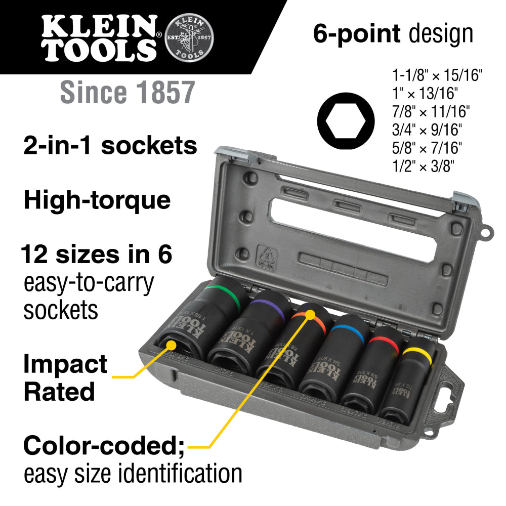 Klein Tools 66060 2-in-1 Impact Socket Set, 6 Point, 6 Piece