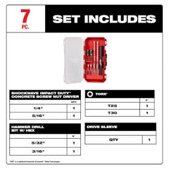 Milwaukee 48-20-8877 7 Piece Shockwave Impact Duty Carbide Multi-Material Drill Bit Concrete Screw Install Kit