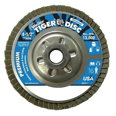 Weiler 50509 Tiger Disc Angled Style Flap Disc 4-1/2 in dia 120 grit 5/8 in-11 replacement MPN