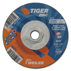 Weiler 58070 Tiger Zirc Grinding Wheel, 4-1/2 in dia x 1/4 in Thick x 5/8 in-11 UNC Arbor, Ceramic/Zirconia Alumina