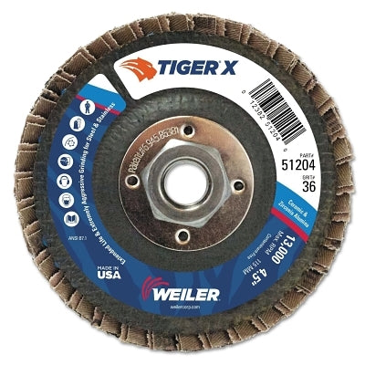 Weiler 51204 Tiger X Flap Disc 4-1/2 in Angled 36 Grit 5/8 in to 11 Arbor