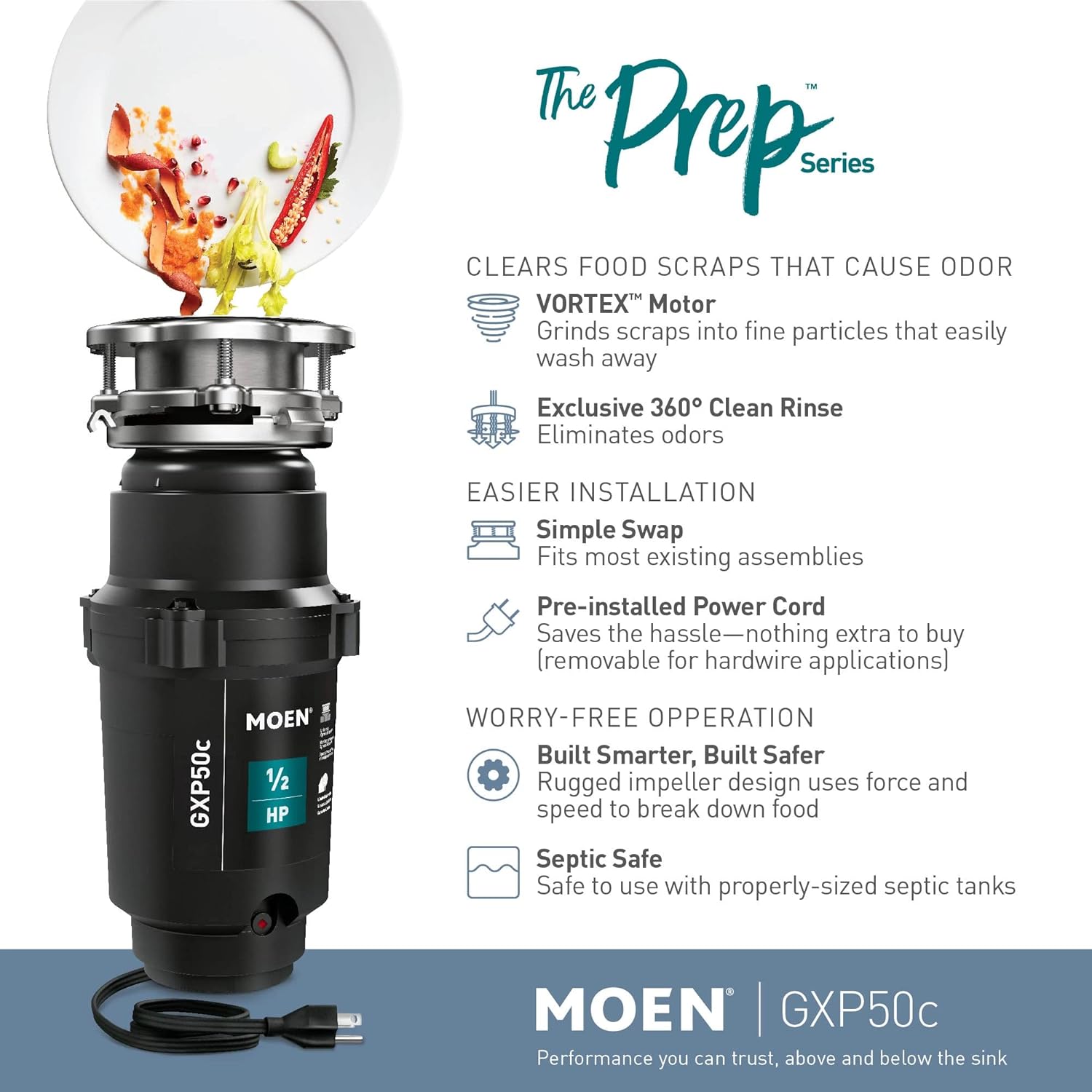 Moen GXP50C Prep Series PRO 1/2 HP Continuous Feed Compact Garbage Disposal with Power Cord