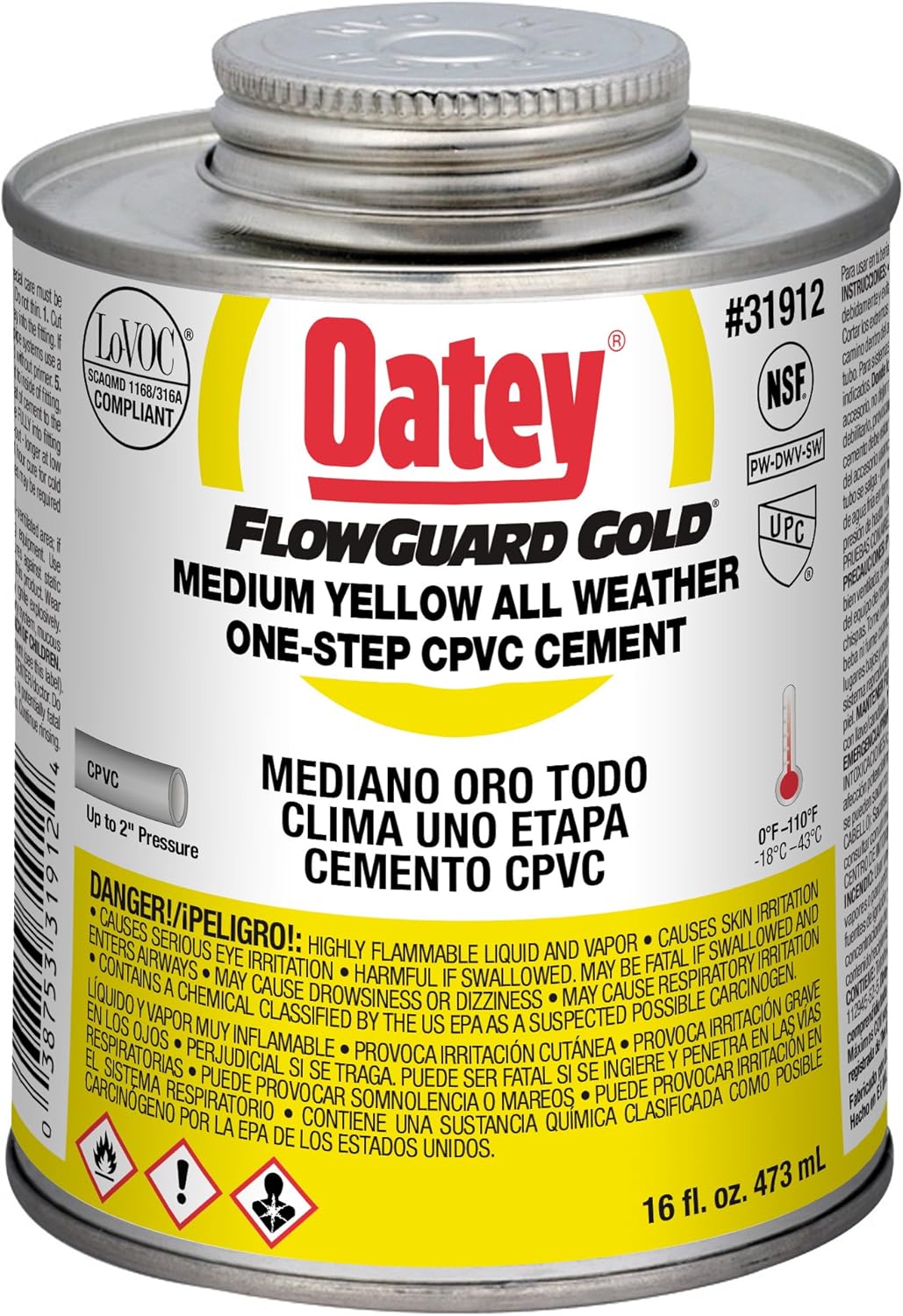 Oatey 31912 CPVC Flowguard 1-Step Yellow Cement 16 oz Replacement MPN