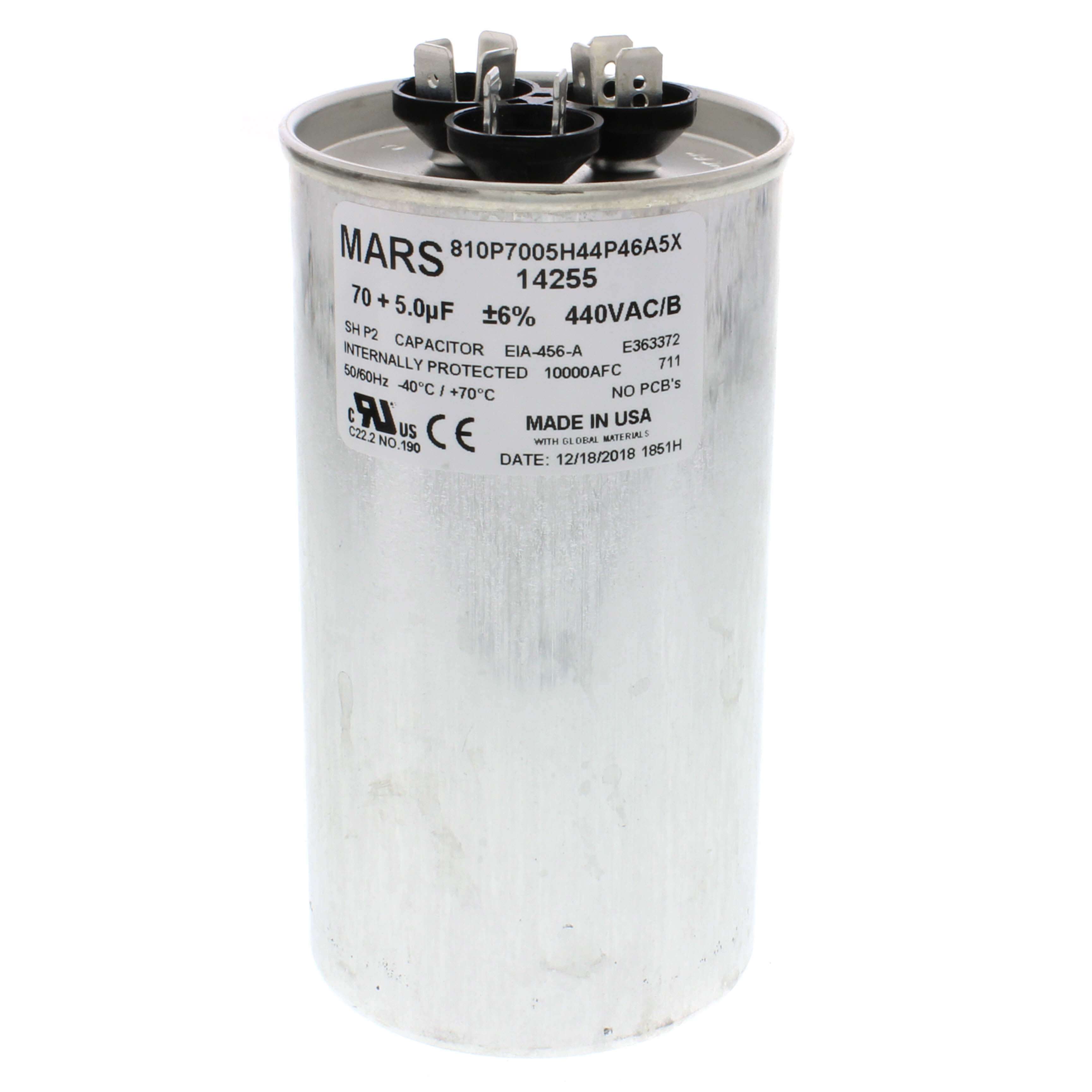 MARS 14255 70/5 MFD Round Run Capacitor 440/370V