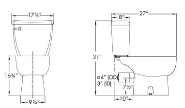 SFA 087 9-3/4 x 16-3/4, 7-1/2 Rough-In, 1.28 GPF, White, Vitreous China, Floor Mount, Elongated, Toilet Bowl