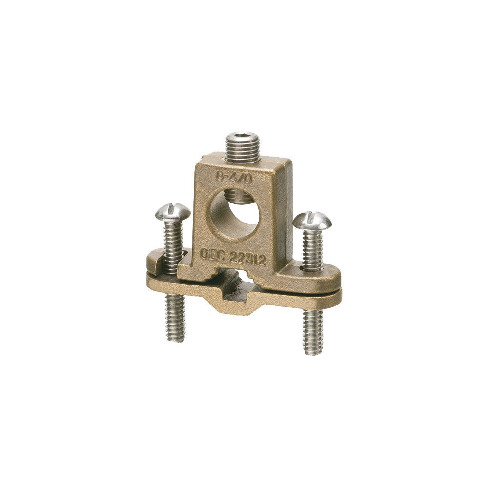 Arlington 718DB Bare Wire Ground Clamp With Box Style Lug, Stainless Steel Screw, 8 to 4/0 AWG Conductor, Bronze/Steel