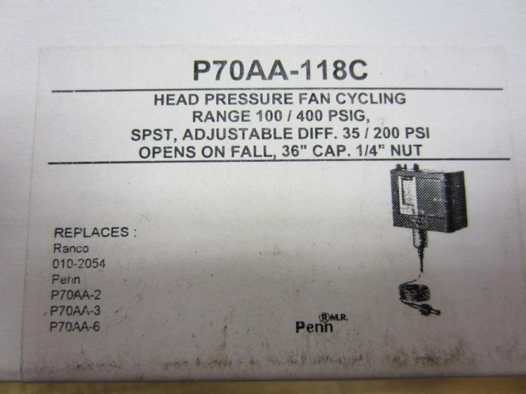 Johnson Controls P70AA-118C Pressure Control SPST Close High/Open Low 100-400 Pounds per Square Inch