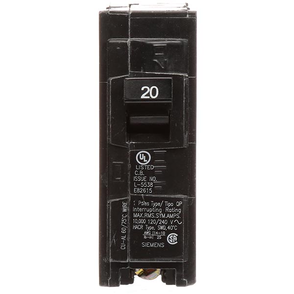 Siemens Q120 QP/MP Circuit Breaker, 120 VAC, 20 Amp, 10 kAIC, 1-Pole