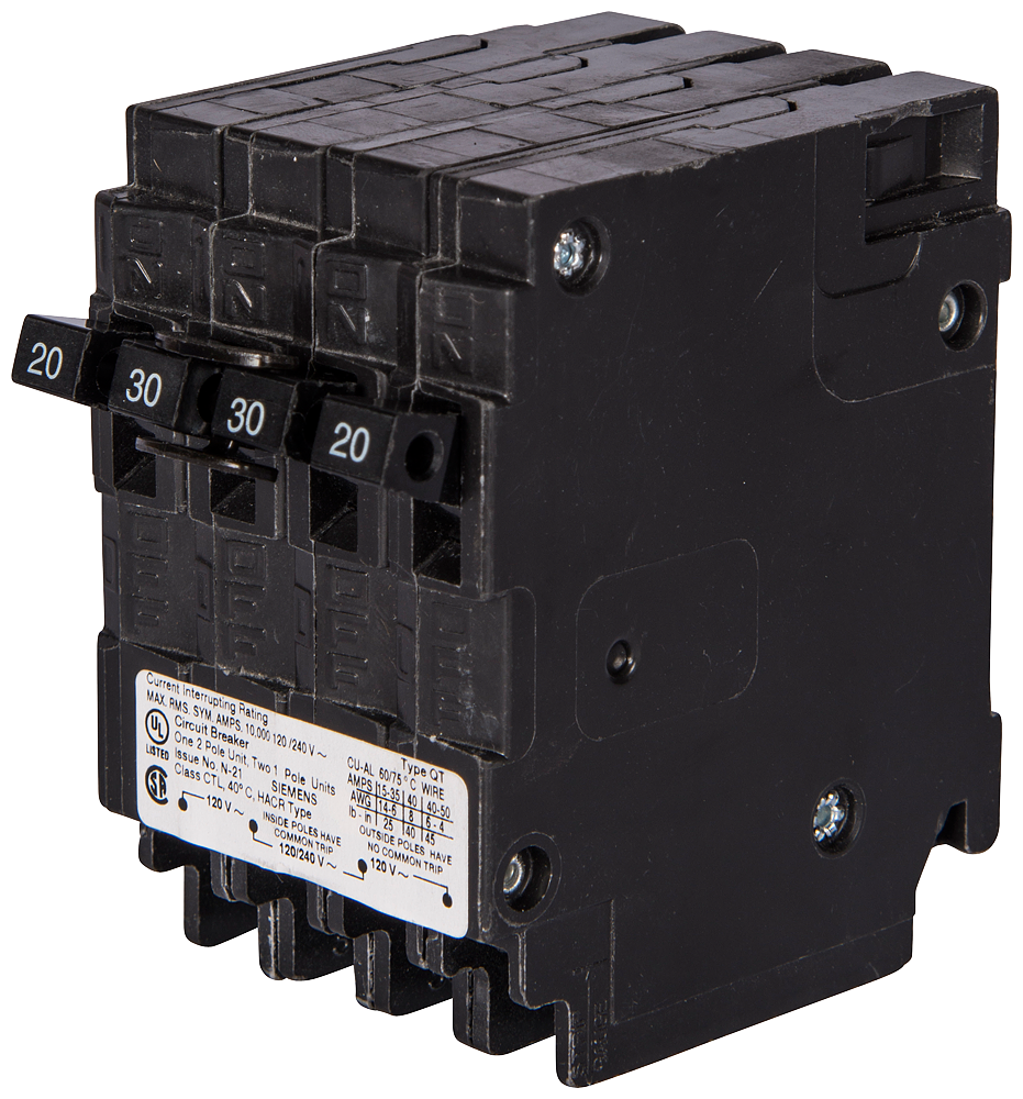 Siemens Q22030CT Triplex Circuit Breaker, Single-Pole 20A, 2-Pole 30A Common-Trip, 120/240V AC, Plug-In, 10kA