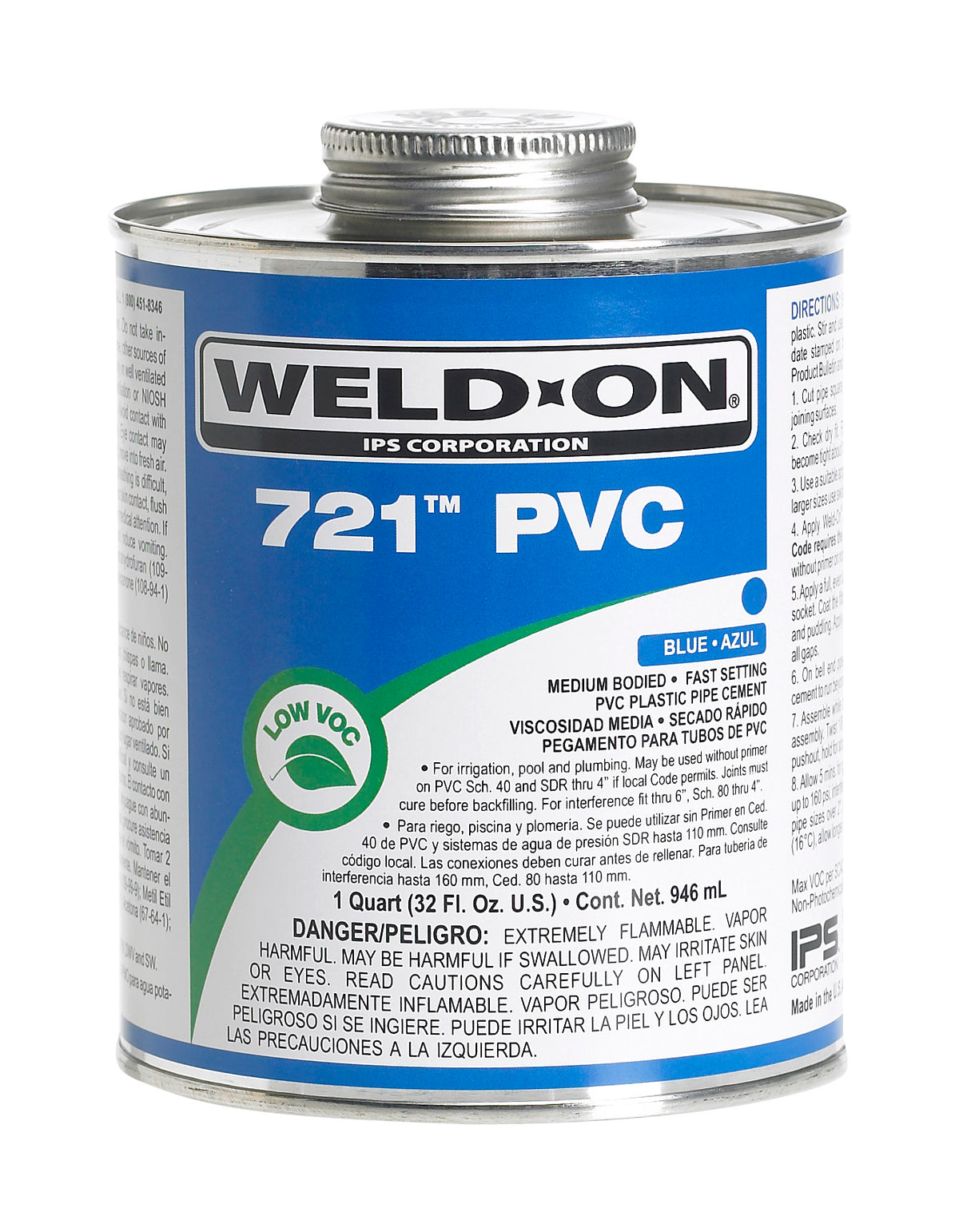 IPS Corporation 10161 Weld-On 721 PVC Blue Medium-Bodied Fast-Setting QT. Can With Applicator Cap.