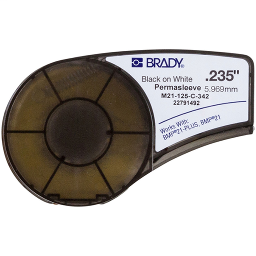 Brady M21-125-C-342 PermaSleeve Heat Shrink Tubing Cartridge Label 7 ft x 0.235 in Black on White