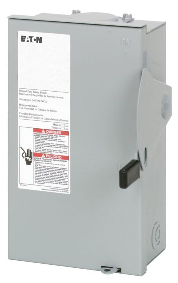 Eaton DG221NRB DG Series Cartridge Fusible General Duty Safety Switch, 240 VAC, 30 A, 1/2 to 3 hp, 3 to 7-1/2 hp, DPST Contact, 2 Poles