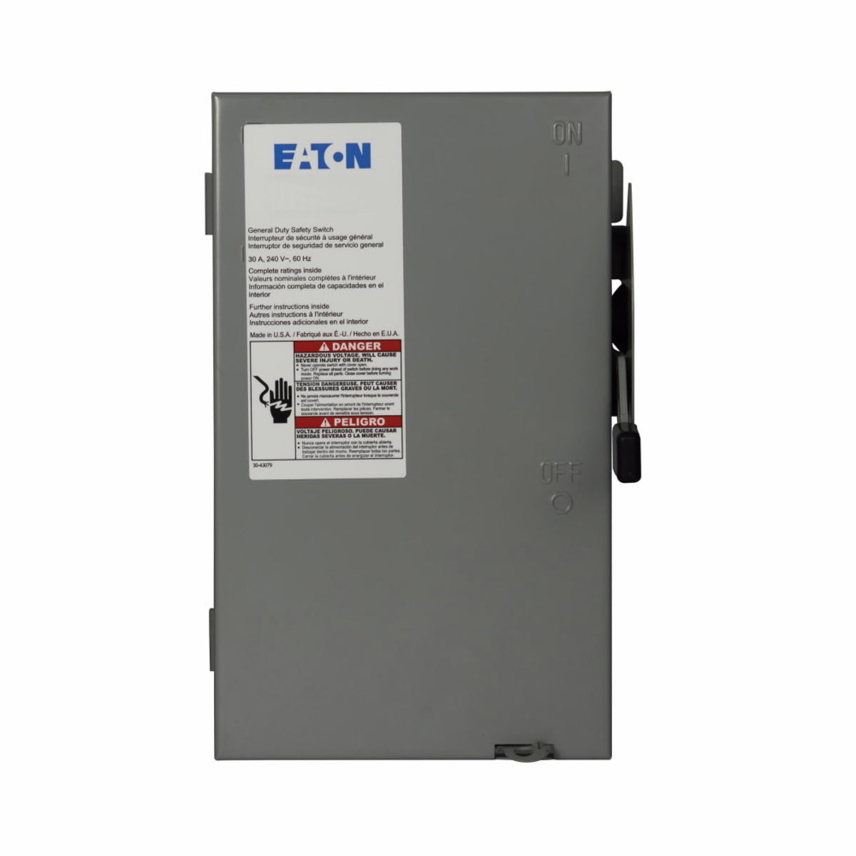 EATON DG321UGB DG Series Non-Fusible General Duty Safety Switch, 240 VAC, 30 A, 3 hp, 7-1/2 hp, TPST Contact, 3 Poles