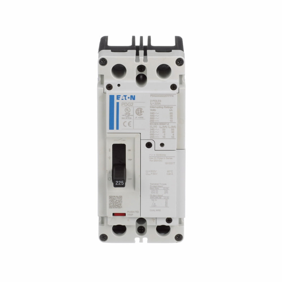 Eaton PDG22G0100TFFJ Power Defense Molded Case Circuit Breaker, Globally Rated, Frame 2, Two Pole, 100A, 35kA/480V, T-M (Fxd-Fxd) TU