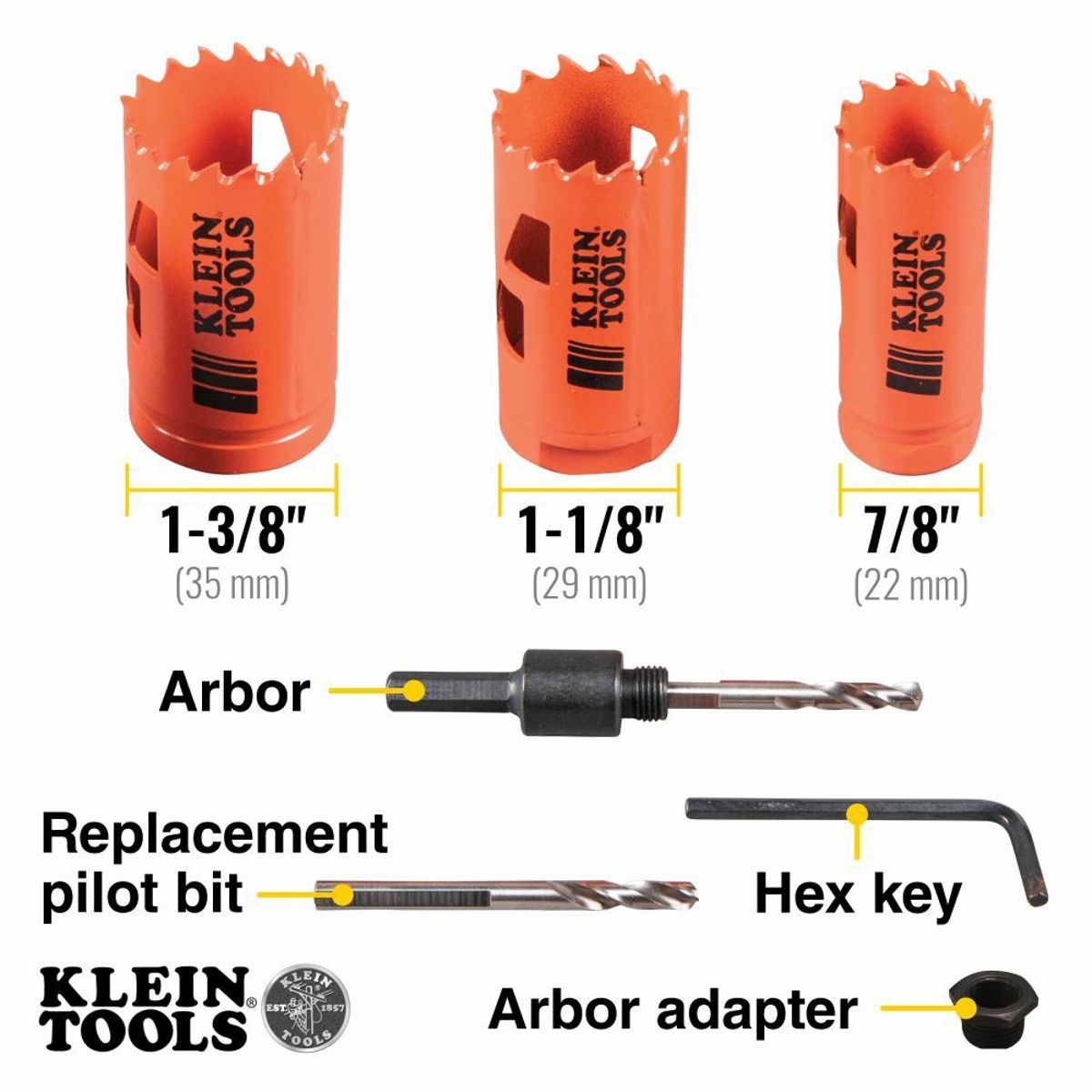 Klein 32905 Electrician's Hole Saw Kit with Arbor 3-Piece For Use With 31905