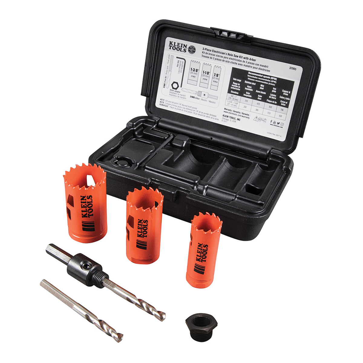 Klein 32905 Electrician's Hole Saw Kit with Arbor 3-Piece For Use With 31905