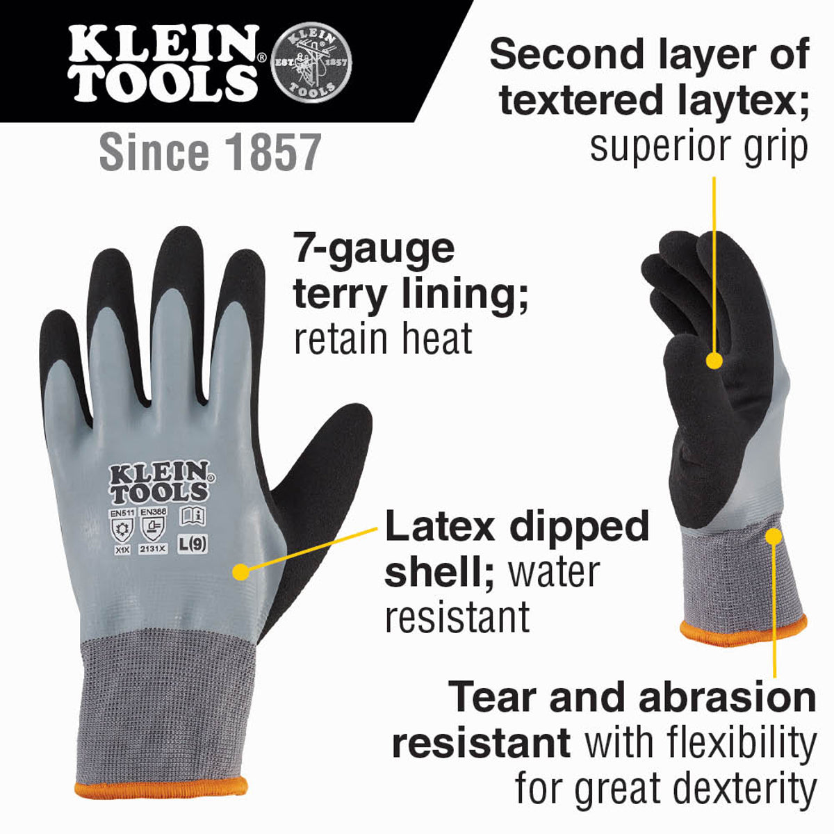 Klein Tools 60389 Thermal Dipped Gloves, L