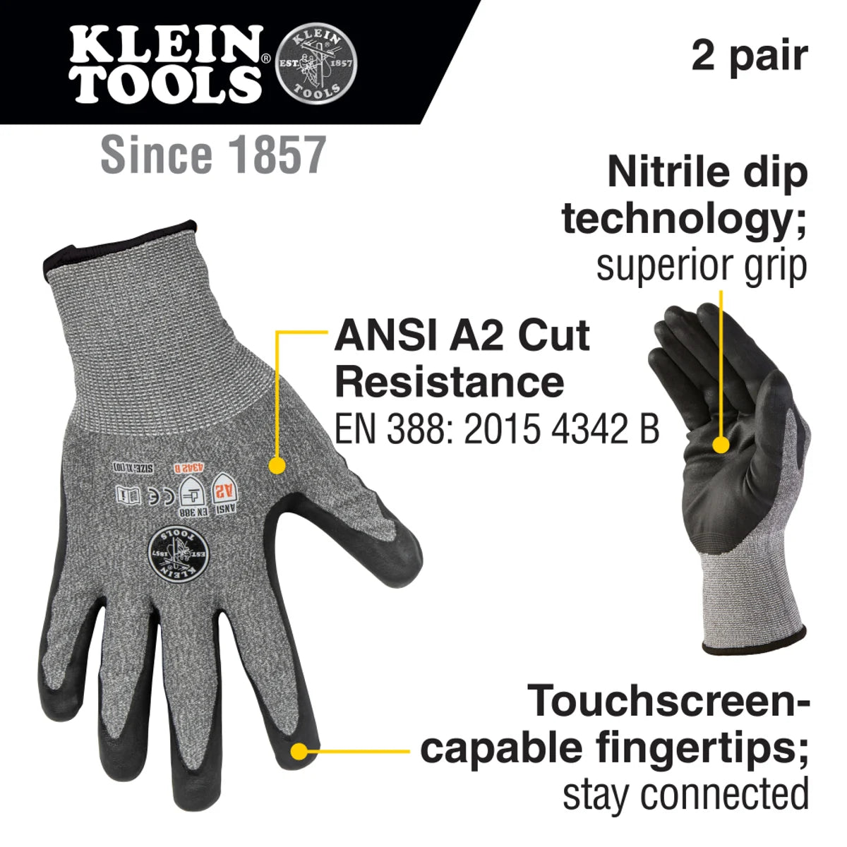 Klein Tools 60197 Work Gloves Cut Level 2 Touchscreen X-Large 2-Pair