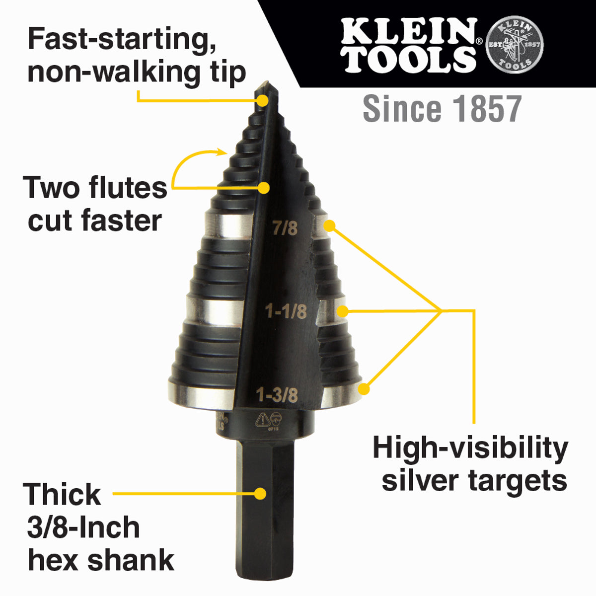 Klein KTSB14 Step Drill Bit #14 Double-Fluted 3/16 to 7/8-Inch