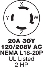 Hubbell HBL2751 30 Amp 120/208 VAC 4-Pole 4-Wire NEMA L18-30P Black and White Locking Plug