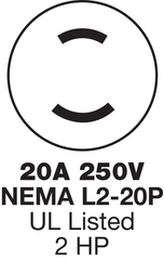 Hubbell HBL7101C 20 Amp 250 Volt 2-Pole 4-Wire NEMA L2-20R Black and White Locking Connector Body