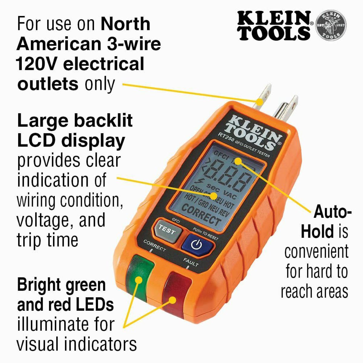 Klein Tools RT250 GFCI Receptacle Tester with LCD 135 VAC CAT II 135 V