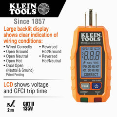 Klein Tools RT250 GFCI Receptacle Tester with LCD 135 VAC CAT II 135 V