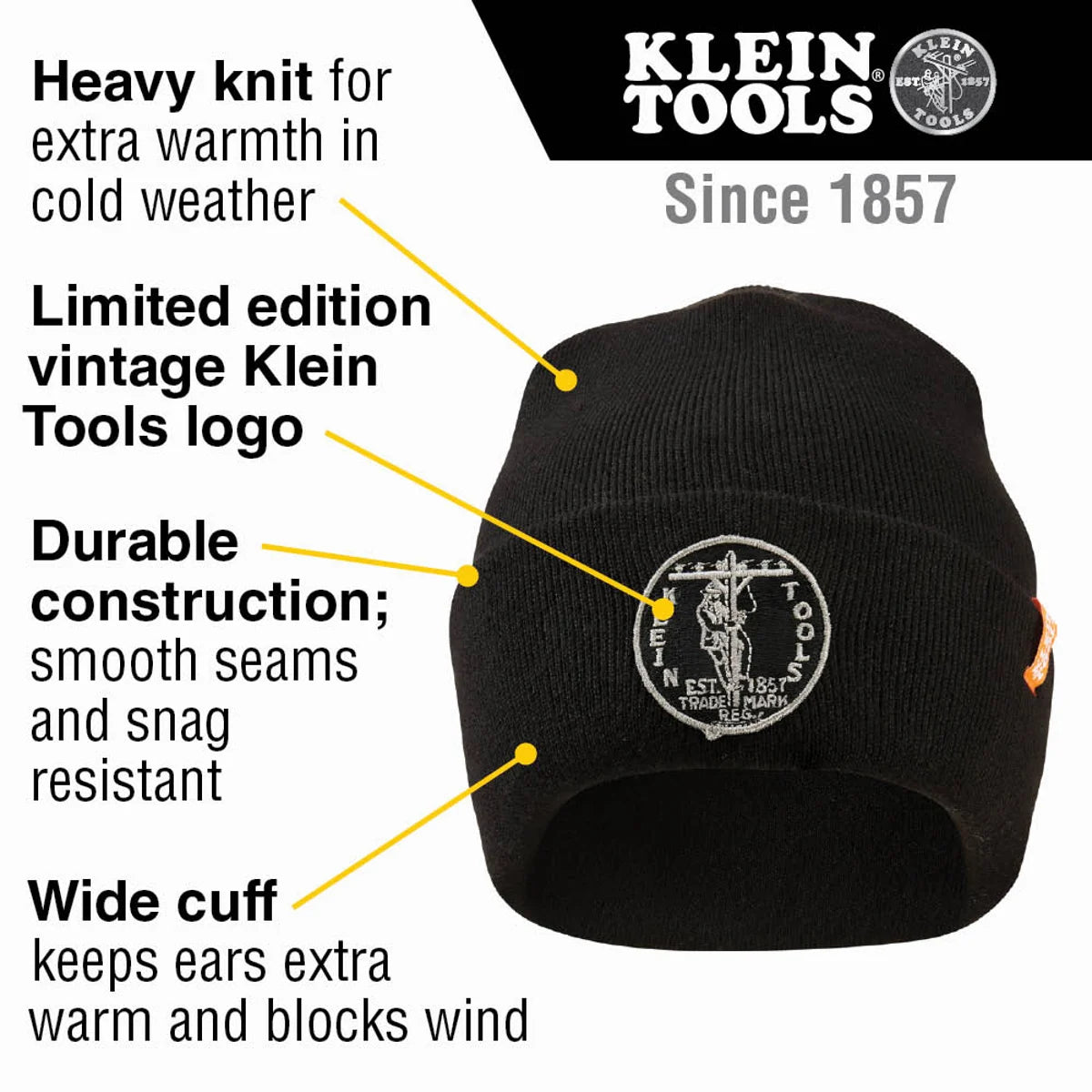 Klein Tools 60388 Heavy Knit Hat, Black, Vintage Patch Logo