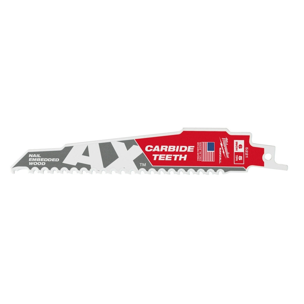 Milwaukee 48-00-5521 The AX with Carbide Teeth SAWZALL Blade 6 in 5 TPI