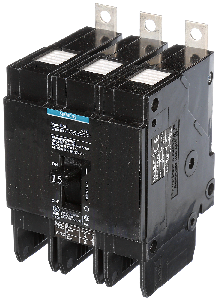 Siemens BQD315 3-Pole 15 Amp 480 VAC 14 kA Molded Case Circuit Breaker