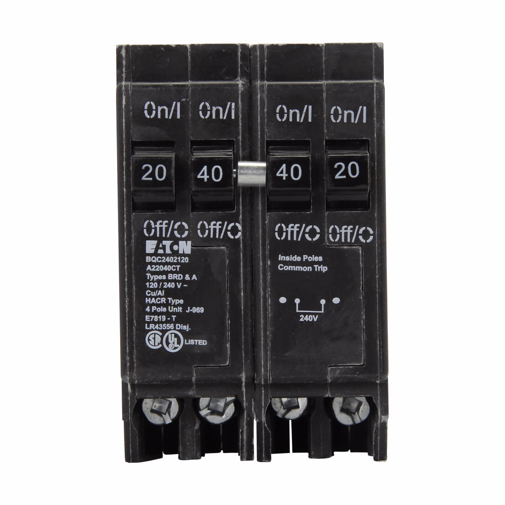 EATON BQC2402120 Type BQC Quadplex Circuit Breaker, 120/240 VAC, (2) 20 A, (1) 40 A, 10 kA Interrupt, 4 Poles