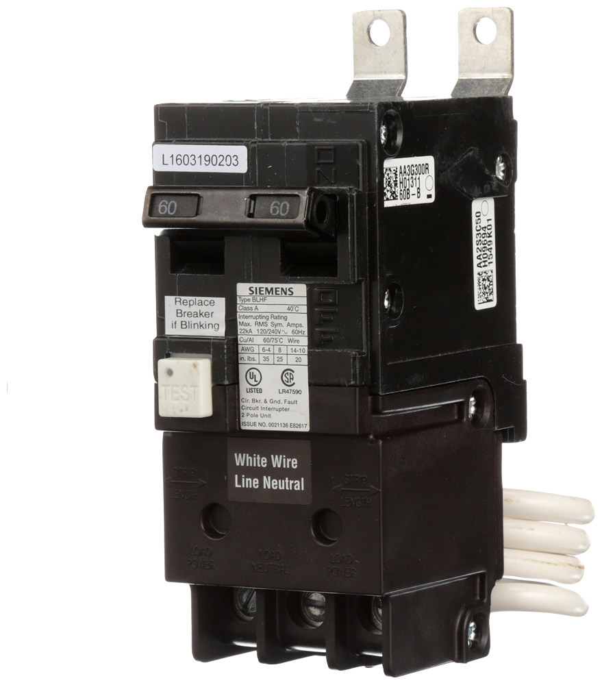 Siemens BF260A GFI Circuit Breaker, 120/240 VAC, 60 A, 10 kA Interrupt, 2 Poles