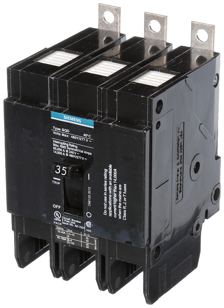 Siemens BQD335 3-Pole 35 Amp 480 VAC 14 kA Circuit Breaker