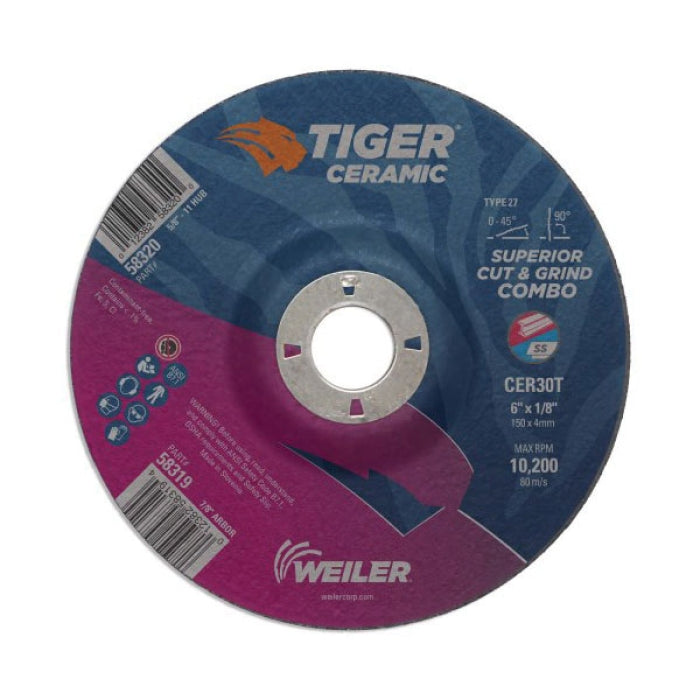 Weiler 58319 Tiger 58319 Combination Long Life Performance Line Superior Life and Cut Depressed Center Combo Wheel - 6 in Diameter x 1/8 in Thickness x 7/8 in Center Hole