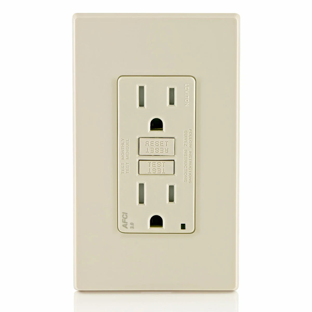 Leviton AFTR1-T Duplex AFCI Receptacle With LED Indicator, 125 VAC, 15 Amp, 2 Poles, 3 Wires, Light Almond