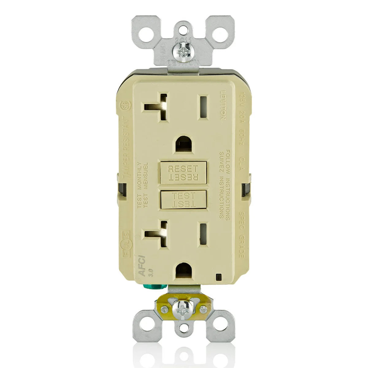 Leviton AFTR2-I SmartlockPro Outlet Branch Circuit Arc-Fault Circuit Interrupter Receptacle 20-Amp 120-volt Ivory