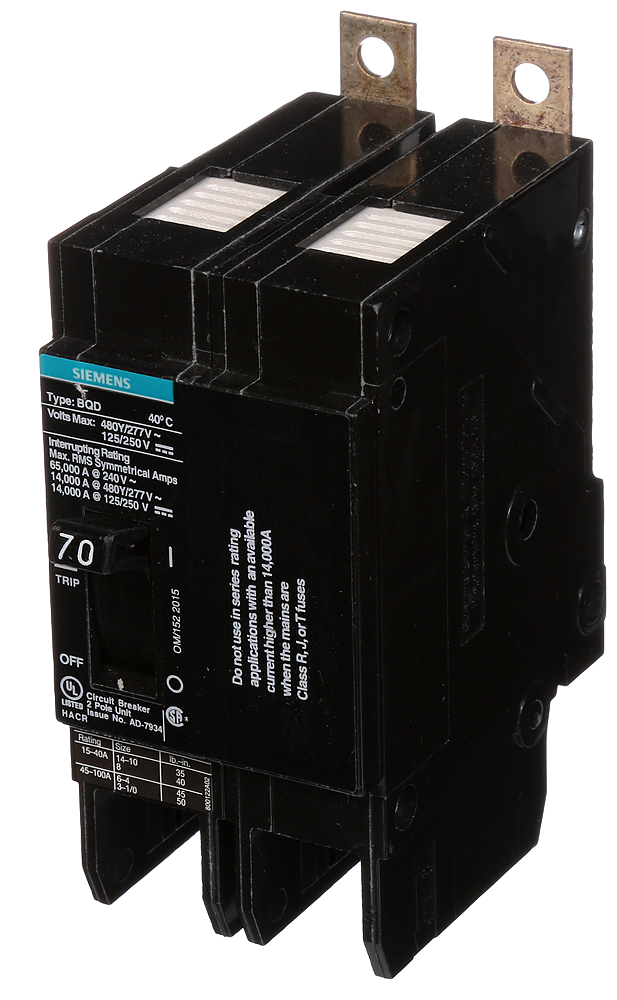 Siemens BQD270 2-Pole 70 Amp 480 VAC 14 kA Circuit Breaker