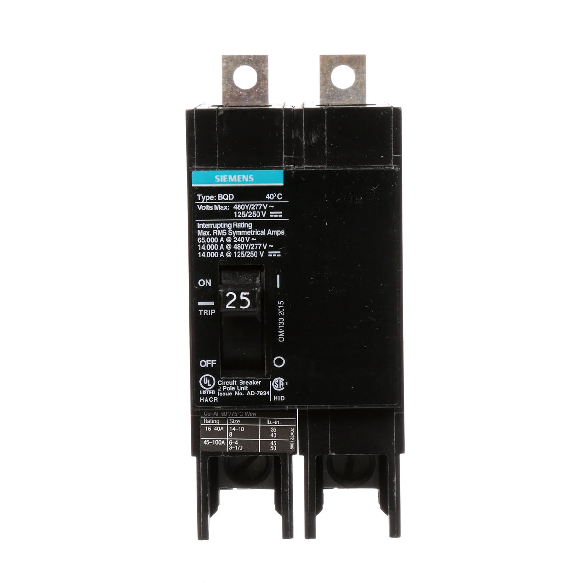 Siemens BQD225 BREAKER BQD 2P 25A 480VAC 14KA 10 KAIC