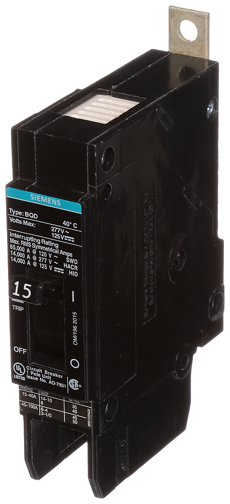 Siemens BQD115 1-Pole 15 Amp 277 VAC 14 kA Circuit Breaker