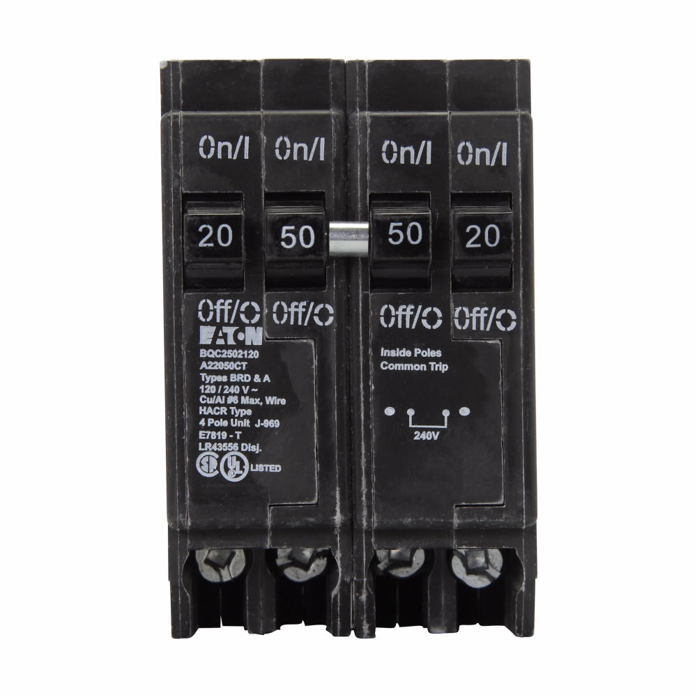 EATON BQC2502120 Type BQC Quadplex Circuit Breaker, 120/240 VAC, (2) 20 A, (1) 50 A, 10 kA Interrupt, 4 Poles, Common/Thermal Magnetic Trip