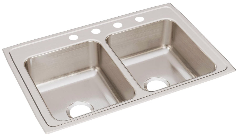 Elkay LR33224 Lustertone Classic Stainless Steel 33 x 22 x 8-1/8 4-Hole Equal Double Bowl Drop-In Sink