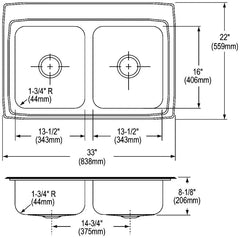 Elkay LR33224 Lustertone Classic Stainless Steel 33 x 22 x 8-1/8 4-Hole Equal Double Bowl Drop-In Sink