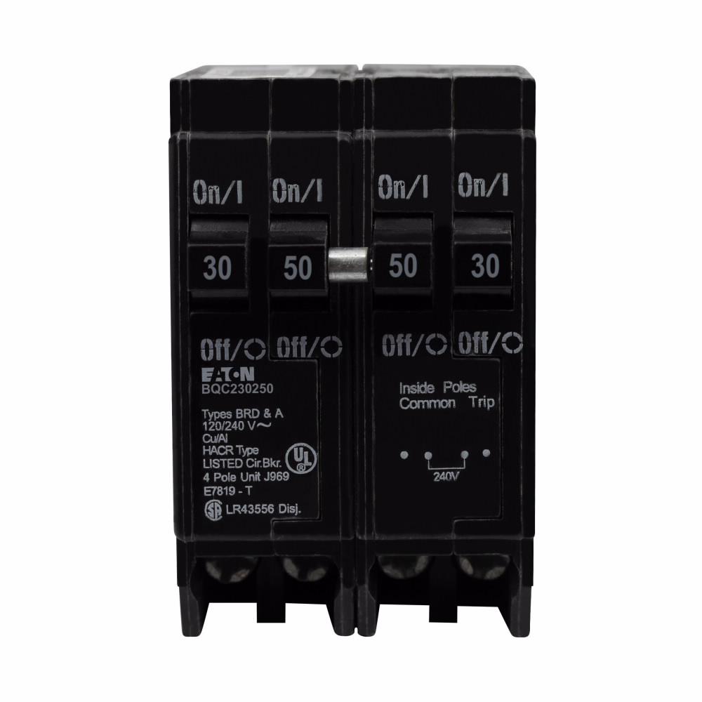 EATON BQC230250 Type BQC Quadplex Circuit Breaker, 120/240 VAC, (1) 30 A, (1) 50 A, 10 kA Interrupt, 4 Poles