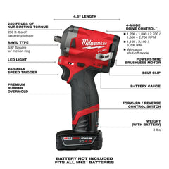 Milwaukee 2554-22 M12 FUEL Stubby 3/8 Impact Wrench Kit