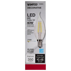 SATCO S29923 4W CA11 LED Bulb Candelabra E-12 Base 2700 Kelvin 360 Degree Dimmable 120V