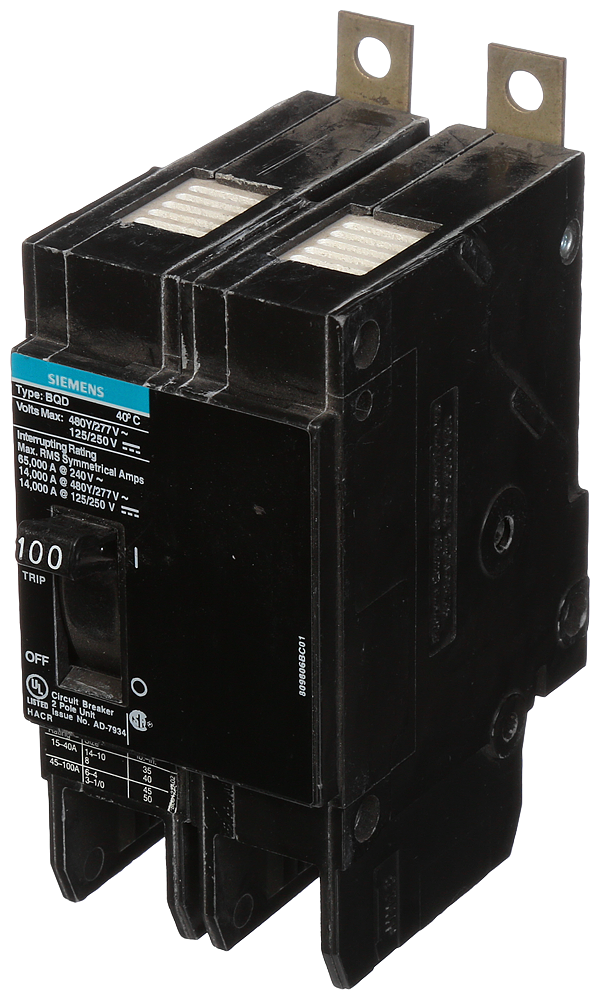 Siemens BQD2100 2-Pole 100 Amp 480 VAC 14 kA Circuit Breaker