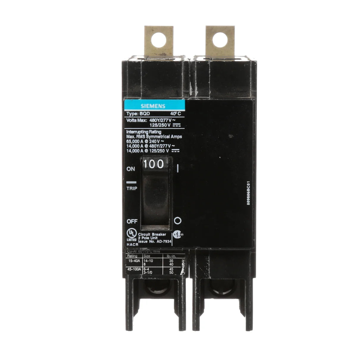 Siemens BQD2100 2-Pole 100 Amp 480 VAC 14 kA Circuit Breaker